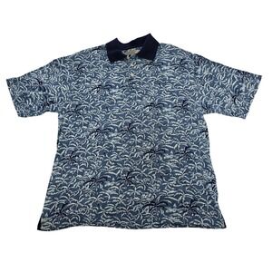 Northern Apparel Mens Large Blue Palm Tree Tropical Cotton Polo Shirt EUC
